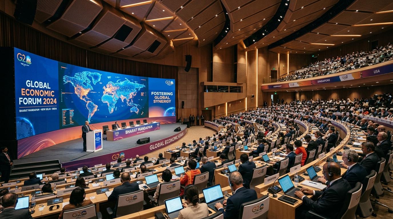 Grand international plenary summit conference hall at Bharat Mandapam in New Delhi with curved LED stage and global delegates